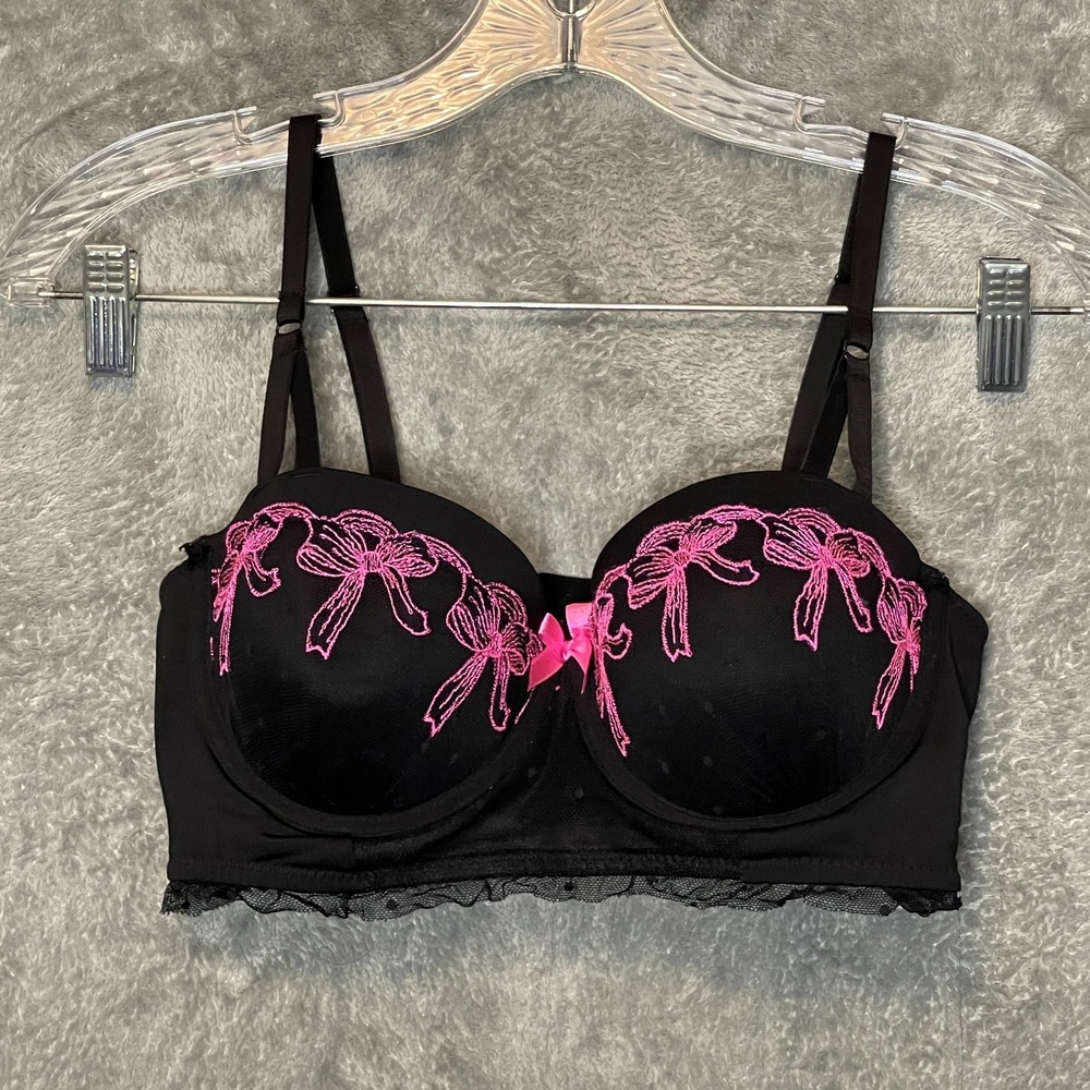 Women Dark Sexy Gothic Pink Bows Corset Underwire Balconette Push Up Bra 34C